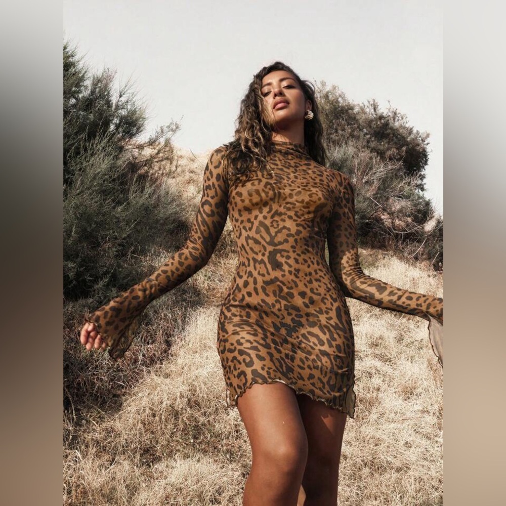 Leopard animal Print Long Sleeve Dress cover up sheer mesh brand new never worn - Picture 4 of 11